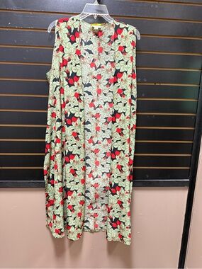 LuLaRoe Joy Duster Vest Large Green Strawberry Floral Sleeveless Open Fron